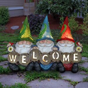 Exhart Garden Gnomes, Solar Garden Gnome Statue with Welcome Sign, LED Hats, Funny Outdoor Garden Decoration, 13 x 9 Inch