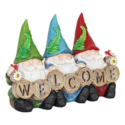 Exhart Garden Gnomes, Solar Garden Gnome Statue with Welcome Sign, LED Hats, Funny Outdoor Garden Decoration, 13 x 9 Inch