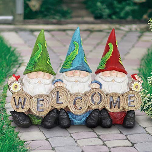 Exhart Garden Gnomes, Solar Garden Gnome Statue with Welcome Sign, LED Hats, Funny Outdoor Garden Decoration, 13 x 9 Inch