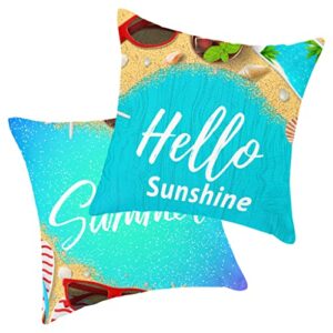 Outdoor Summer Pillow Covers 18x18 inch Set of 2 Teal Hello Sunshine Decorative Throw Pillow Covers Pillowcase Summer Decorations for Patio Garden Porch (18"x18", Hello Summer)