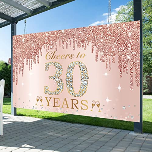 30th Birthday Decorations Cheers to 30 Years Banner, Pink Rose Gold Happy Birthday Backdrop Sign Party Supplies for Women Her, Thirty Birthday Poster Background Photo Booth Props Decor