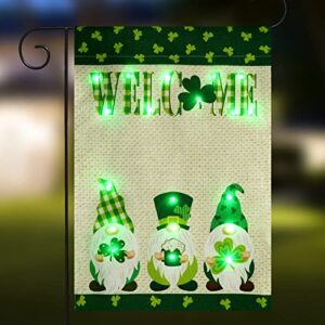 st patricks day garden flag with lights, welcome gnome shamrock garden flag double sided yard flags for lawn party st patricks day outdoor decorations 12 x 18 inch