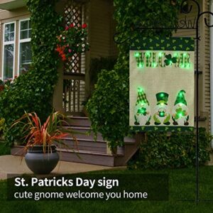 St Patricks Day Garden Flag with Lights, Welcome Gnome Shamrock Garden Flag Double Sided Yard Flags for Lawn Party St Patricks Day Outdoor Decorations 12 x 18 Inch