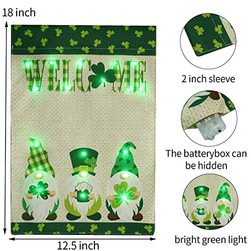 St Patricks Day Garden Flag with Lights, Welcome Gnome Shamrock Garden Flag Double Sided Yard Flags for Lawn Party St Patricks Day Outdoor Decorations 12 x 18 Inch