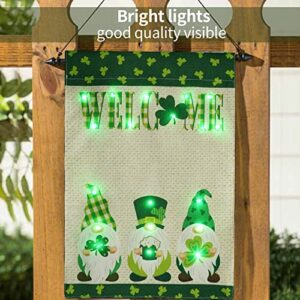 St Patricks Day Garden Flag with Lights, Welcome Gnome Shamrock Garden Flag Double Sided Yard Flags for Lawn Party St Patricks Day Outdoor Decorations 12 x 18 Inch