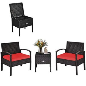 tangkula 3 pieces patio wicker conversation set, outdoor rattan furniture with washable thick cushion & coffee table w/storage space, patio furniture set for backyard porch garden poolside (red)