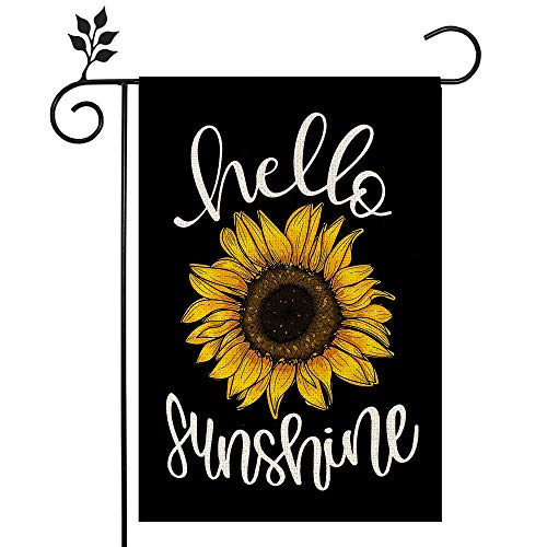 CROWNED BEAUTY Hello Sunshine Summer Garden Flag Sunflower Black 12×18 Inch Double Sided Burlap Vertical Yard Outside Flag