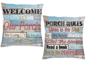 dzglobal welcome to our porch pillow covers porch rules relax sit long talk much wooden pillowcase home farmhouse decor outdoor pillowcases for patio furniture 18×18 set of 2