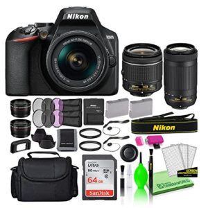 nikon d3500 24.2mp dslr digital camera with 18-55mm and 70-300mm lenses (1588) deluxe bundle -includes- sandisk 64gb sd card + large camera bag + filter kit + spare battery + telephoto lens