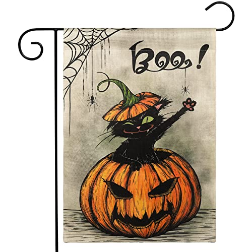 HOSCAPE Halloween Garden Flag 12.5 x 18 Inch Vertical Double Sided, Pumpkin Spider Cat Boo Halloween Flags Burlap Small House Yard Flag for Outdoor Indoor Decoration