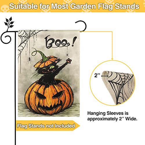 HOSCAPE Halloween Garden Flag 12.5 x 18 Inch Vertical Double Sided, Pumpkin Spider Cat Boo Halloween Flags Burlap Small House Yard Flag for Outdoor Indoor Decoration