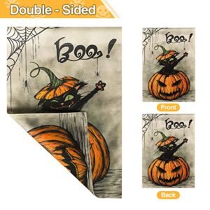 HOSCAPE Halloween Garden Flag 12.5 x 18 Inch Vertical Double Sided, Pumpkin Spider Cat Boo Halloween Flags Burlap Small House Yard Flag for Outdoor Indoor Decoration