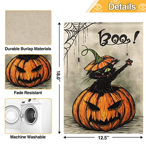 HOSCAPE Halloween Garden Flag 12.5 x 18 Inch Vertical Double Sided, Pumpkin Spider Cat Boo Halloween Flags Burlap Small House Yard Flag for Outdoor Indoor Decoration