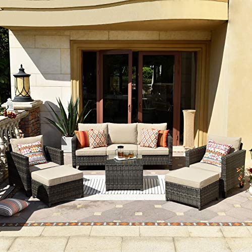 XIZZI Patio Furniture Sets,Outdoor Sectional Furniture with 2 Pillows,Garden Sofa Set with Glass Table (6 Pieces, Beige)