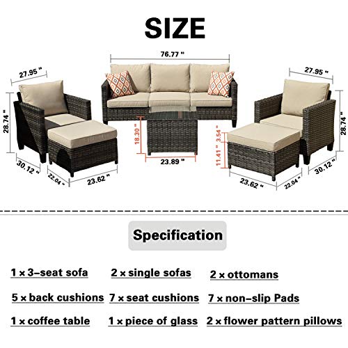 XIZZI Patio Furniture Sets,Outdoor Sectional Furniture with 2 Pillows,Garden Sofa Set with Glass Table (6 Pieces, Beige)