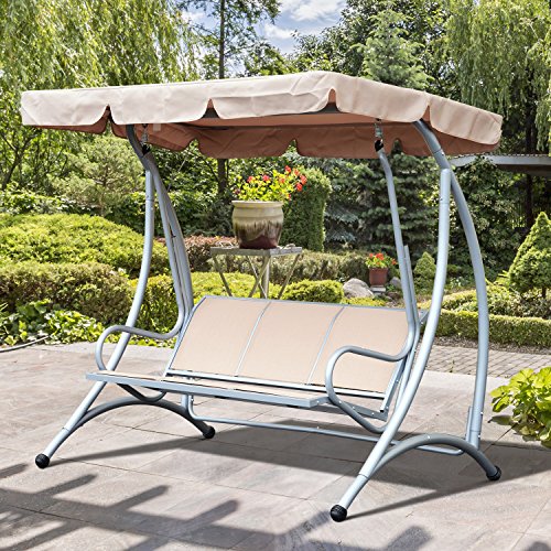 Outsunny 3-Seat Patio Swing Chair, Outdoor Canopy Swing with Stand, Adjustable Shade, Steel Frame for Adults, Garden, Poolside, Beige