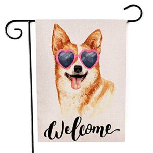 ogiselestyle welcome corgi with heart shape sunglasses garden flag small vertical double sided decorative house yard décor flag for outdoor decoration 12×18 inch
