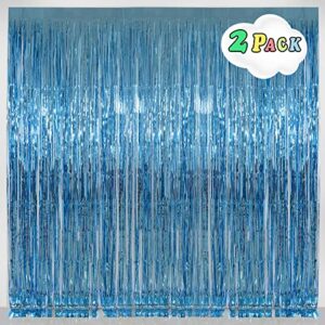 light blue foil fringe curtains party decorations, melsan 3.2 x 8 ft foil curtains tinsel backdrop for ocean, baby shark, frozen theme birthday decorations – pack of 2
