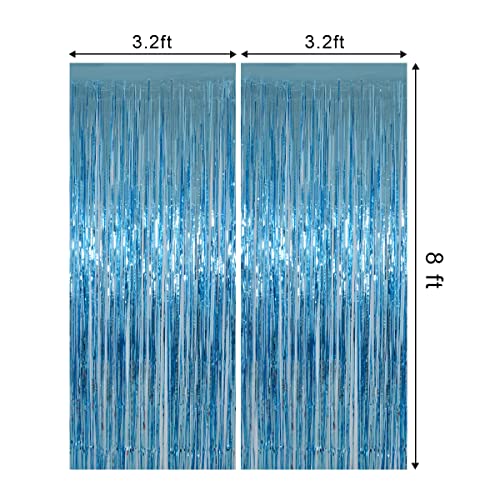 Light Blue Foil Fringe Curtains Party Decorations, Melsan 3.2 x 8 ft Foil Curtains Tinsel Backdrop for Ocean, Baby Shark, Frozen Theme Birthday Decorations - Pack of 2