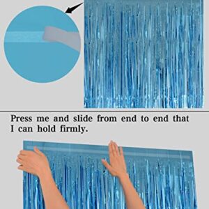 Light Blue Foil Fringe Curtains Party Decorations, Melsan 3.2 x 8 ft Foil Curtains Tinsel Backdrop for Ocean, Baby Shark, Frozen Theme Birthday Decorations - Pack of 2