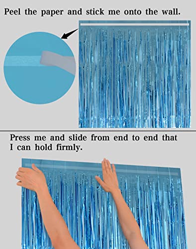 Light Blue Foil Fringe Curtains Party Decorations, Melsan 3.2 x 8 ft Foil Curtains Tinsel Backdrop for Ocean, Baby Shark, Frozen Theme Birthday Decorations - Pack of 2