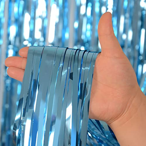 Light Blue Foil Fringe Curtains Party Decorations, Melsan 3.2 x 8 ft Foil Curtains Tinsel Backdrop for Ocean, Baby Shark, Frozen Theme Birthday Decorations - Pack of 2