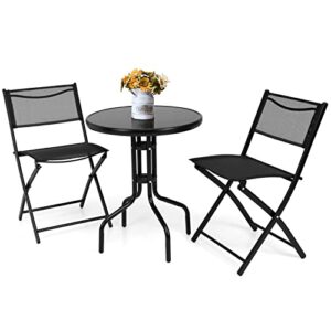 happygrill 3 pieces bistro set round coffee table & folding chairs set for balcony garden backyard