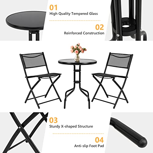 HAPPYGRILL 3 Pieces Bistro Set Round Coffee Table & Folding Chairs Set for Balcony Garden Backyard