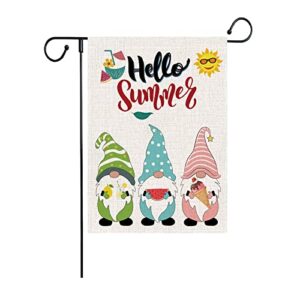 hello summer garden flags, welcome gnomes buffalo plaid vertical double sized burlap flag for house yard outdoor decor 12.5 x 18 inch (multi)