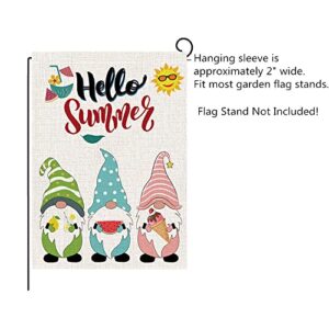 Hello Summer Garden Flags, Welcome Gnomes Buffalo Plaid Vertical Double Sized Burlap Flag for House Yard Outdoor Decor 12.5 x 18 Inch (Multi)