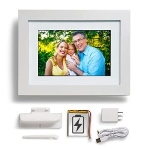 photospring 10in wifi digital picture frame with battery, send photos from anywhere via email, app, or web, easy touch screen setup, 1280×800 display, plays videos, white