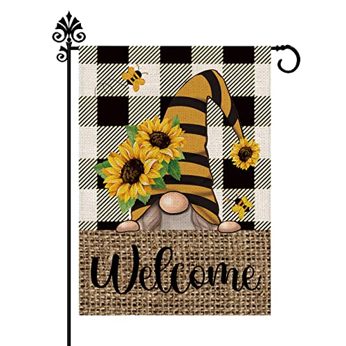 Summer Garden Flag Sunflower Gnome Vertical Double Sided Buffalo Plaid Welcome Flag Seasonal Farmhouse Yard Outdoor Decoration 12.5 x 18 Inch (Size for Garden-12.5'' x 18'')