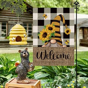 Summer Garden Flag Sunflower Gnome Vertical Double Sided Buffalo Plaid Welcome Flag Seasonal Farmhouse Yard Outdoor Decoration 12.5 x 18 Inch (Size for Garden-12.5'' x 18'')