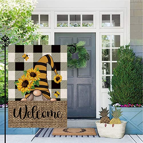 Summer Garden Flag Sunflower Gnome Vertical Double Sided Buffalo Plaid Welcome Flag Seasonal Farmhouse Yard Outdoor Decoration 12.5 x 18 Inch (Size for Garden-12.5'' x 18'')