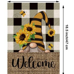 Summer Garden Flag Sunflower Gnome Vertical Double Sided Buffalo Plaid Welcome Flag Seasonal Farmhouse Yard Outdoor Decoration 12.5 x 18 Inch (Size for Garden-12.5'' x 18'')