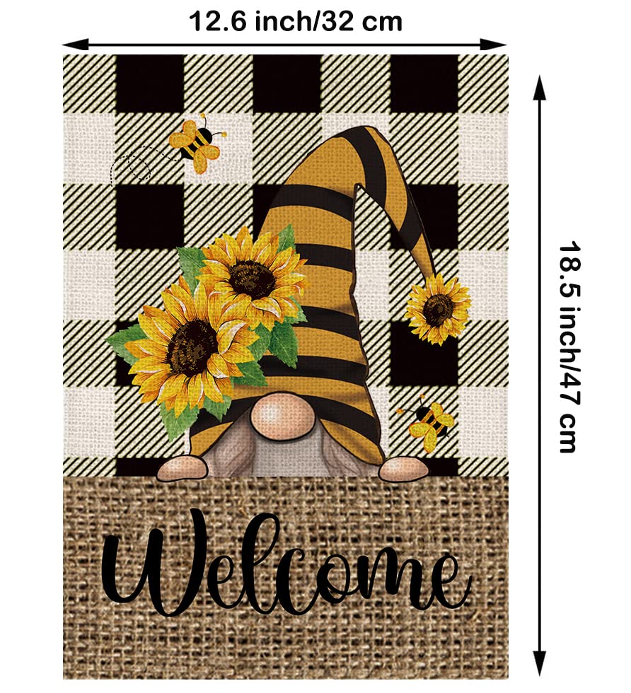 Summer Garden Flag Sunflower Gnome Vertical Double Sided Buffalo Plaid Welcome Flag Seasonal Farmhouse Yard Outdoor Decoration 12.5 x 18 Inch (Size for Garden-12.5'' x 18'')