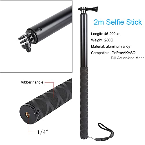 79inch Long Selfie Stick for GoPro 11 10 9 8 7 6 5 Blcak 4 Silver Go Pro Max Session, DJI Osmo Action 2,AKASO,Insta360 One R Cameras, 45-200cm Extendable Pole Monopod