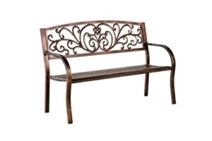 blooming patio garden bench park yard outdoor furniture, iron metal frame, elegant bronze finish, sturdy durable construction, scrollwork design, easy assembly 50 l x 17 1/2 w x 34 1/2 h