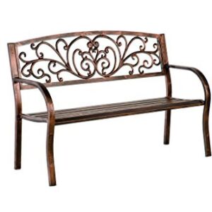 Blooming Patio Garden Bench Park Yard Outdoor Furniture, Iron Metal Frame, Elegant Bronze Finish, Sturdy Durable Construction, Scrollwork Design, Easy Assembly 50 L x 17 1/2 W x 34 1/2 H