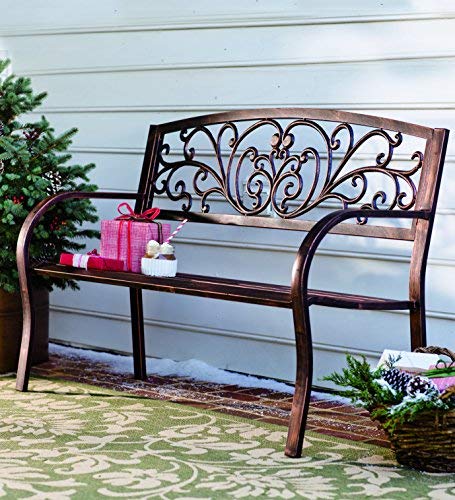 Blooming Patio Garden Bench Park Yard Outdoor Furniture, Iron Metal Frame, Elegant Bronze Finish, Sturdy Durable Construction, Scrollwork Design, Easy Assembly 50 L x 17 1/2 W x 34 1/2 H