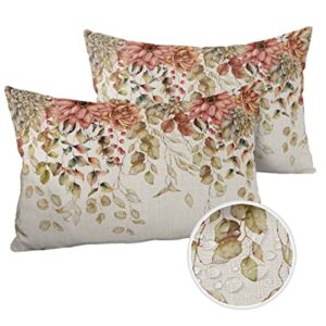 Outdoor Pillow Covers for Patio Furniture 20x12 inch 2PCS, Rectangle Waterproof Garden Cushion Vintage Eucalyptus Leaves Dahlia Farmhouse Throw Pillow Cover Shell for Sofa Couch Bench Seat