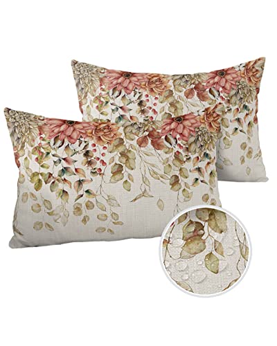 Outdoor Pillow Covers for Patio Furniture 20x12 inch 2PCS, Rectangle Waterproof Garden Cushion Vintage Eucalyptus Leaves Dahlia Farmhouse Throw Pillow Cover Shell for Sofa Couch Bench Seat