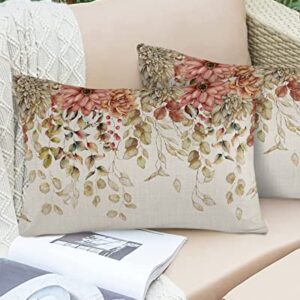 Outdoor Pillow Covers for Patio Furniture 20x12 inch 2PCS, Rectangle Waterproof Garden Cushion Vintage Eucalyptus Leaves Dahlia Farmhouse Throw Pillow Cover Shell for Sofa Couch Bench Seat