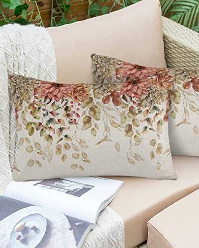 Outdoor Pillow Covers for Patio Furniture 20x12 inch 2PCS, Rectangle Waterproof Garden Cushion Vintage Eucalyptus Leaves Dahlia Farmhouse Throw Pillow Cover Shell for Sofa Couch Bench Seat