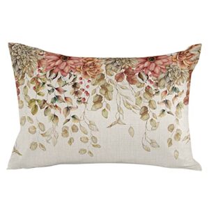 Outdoor Pillow Covers for Patio Furniture 20x12 inch 2PCS, Rectangle Waterproof Garden Cushion Vintage Eucalyptus Leaves Dahlia Farmhouse Throw Pillow Cover Shell for Sofa Couch Bench Seat