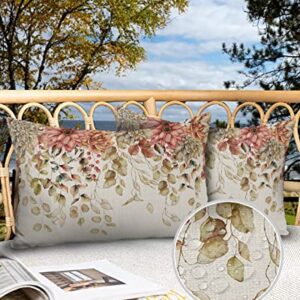 Outdoor Pillow Covers for Patio Furniture 20x12 inch 2PCS, Rectangle Waterproof Garden Cushion Vintage Eucalyptus Leaves Dahlia Farmhouse Throw Pillow Cover Shell for Sofa Couch Bench Seat