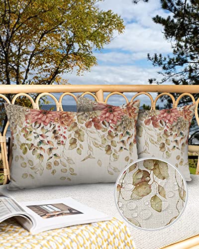 Outdoor Pillow Covers for Patio Furniture 20x12 inch 2PCS, Rectangle Waterproof Garden Cushion Vintage Eucalyptus Leaves Dahlia Farmhouse Throw Pillow Cover Shell for Sofa Couch Bench Seat