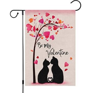 happy valentine’s day garden flag 12×18 double sided vertical, burlap small be my valentines black cat couple heart yard flag banner sign for wedding valentines house outdoor decoration (only flag)