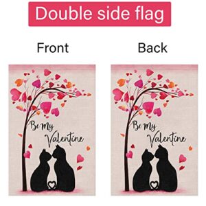 Happy Valentine's Day Garden Flag 12x18 Double Sided Vertical, Burlap Small Be My Valentines Black Cat Couple Heart Yard Flag Banner Sign for Wedding Valentines House Outdoor Decoration (ONLY FLAG)