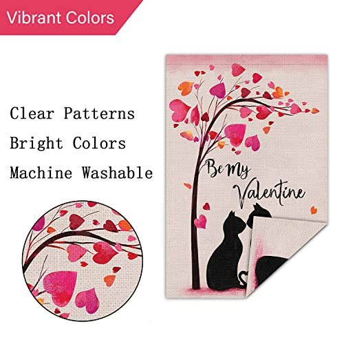 Happy Valentine's Day Garden Flag 12x18 Double Sided Vertical, Burlap Small Be My Valentines Black Cat Couple Heart Yard Flag Banner Sign for Wedding Valentines House Outdoor Decoration (ONLY FLAG)